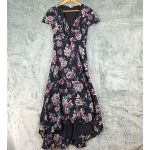 Womens Dress Small Black Boho Romantic Floral Wrap Maxi Ruffles Bloomcore Fairy‎